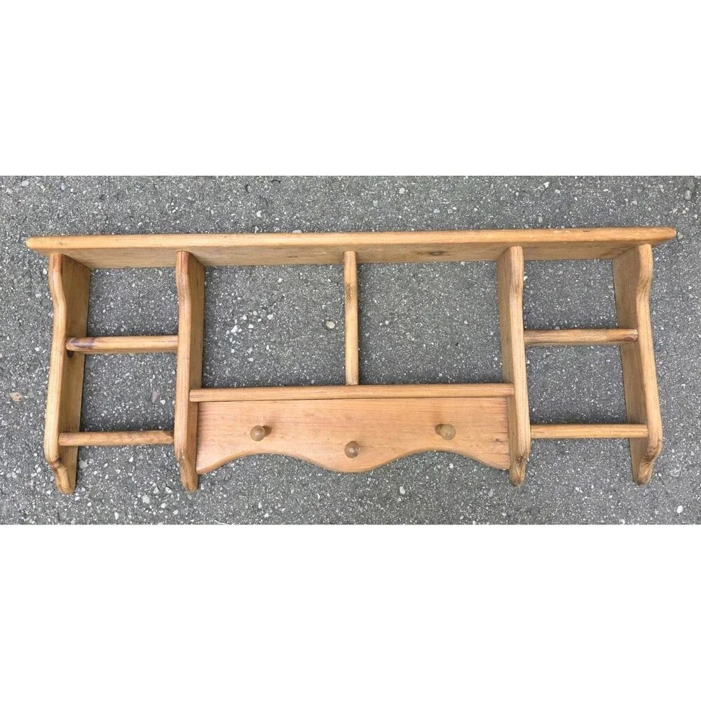 Vintage Wooden Wall Shelf Coat Rack Pegs Spice Display Country Farmhouse Rustic